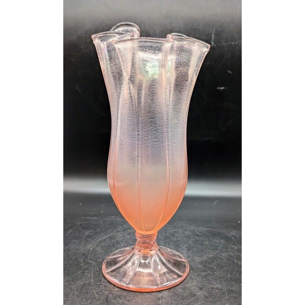 Vintage Fenton Glass Velva Rose Pink Iridescent Stretch Glass Vase Ruffle Edge